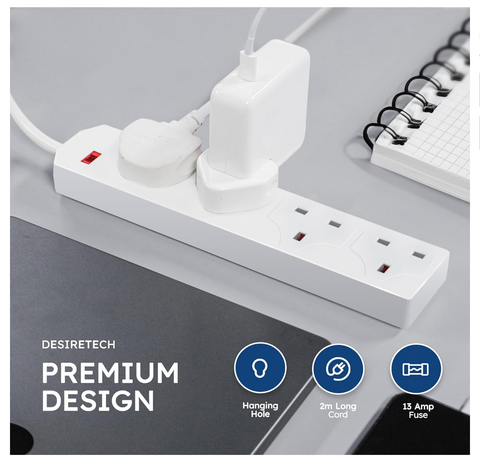 Desiretech 4-Gang Extension Lead White | 5M Cable with UK Plug & Safety Fuse