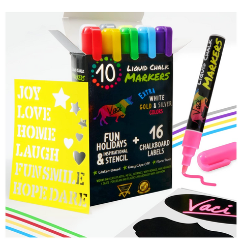 Vaci 10 Multicolored Liquid Chalk Markers | Erasable, Non-Toxic, Water-Based Pens | 6 mm Reversible Tips - Bullet & Chisel | On Chalkboards, Windows, Glass, Mirrors, Blackboards & More | Kids & Adults