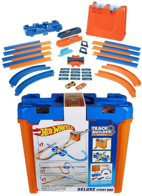 Hot Wheels Track Builder Deluxe Stunt Box – Portable 15‑ft Track Case with Curve Pieces, Launchers & 2 Cars for Stunt Racing Play – Ages 6+