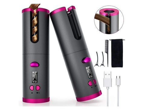 Cordless Auto Rotating Hair Curler | Ceramic Wireless Curling Wand – Pink/White