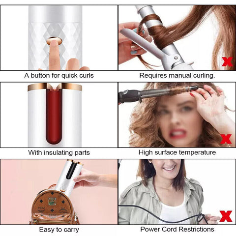 Cordless Auto Rotating Hair Curler | Ceramic Wireless Curling Wand – Pink/White