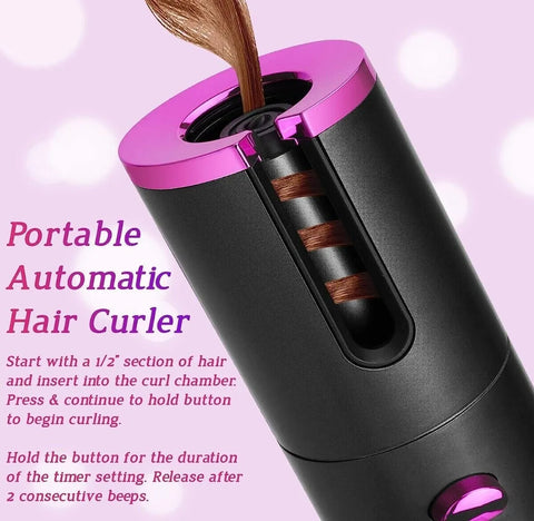 Cordless Auto Rotating Hair Curler | Ceramic Wireless Curling Wand – Pink/White