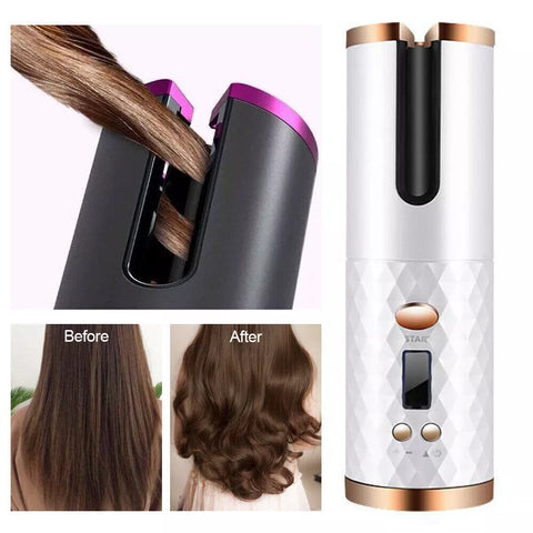 Cordless Auto Rotating Hair Curler | Ceramic Wireless Curling Wand – Pink/White