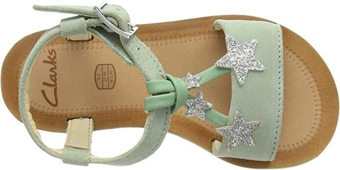Clarks Finch Summer T Sandals | Light Green Suede | Girls Casual Shoes