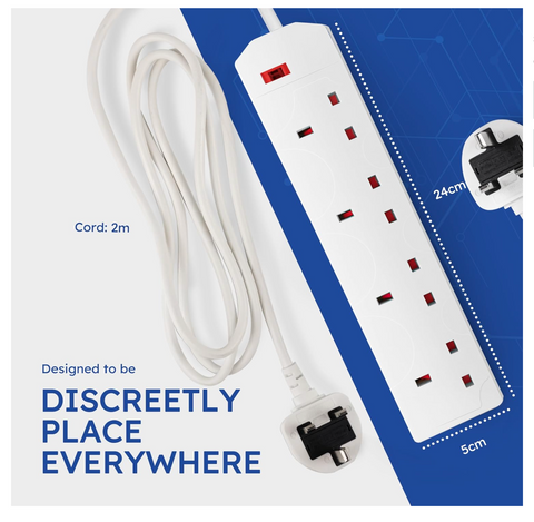 DESIRETECH White Electric Extension Lead - 4 Gang, 5 Metre Cable with UK Plug